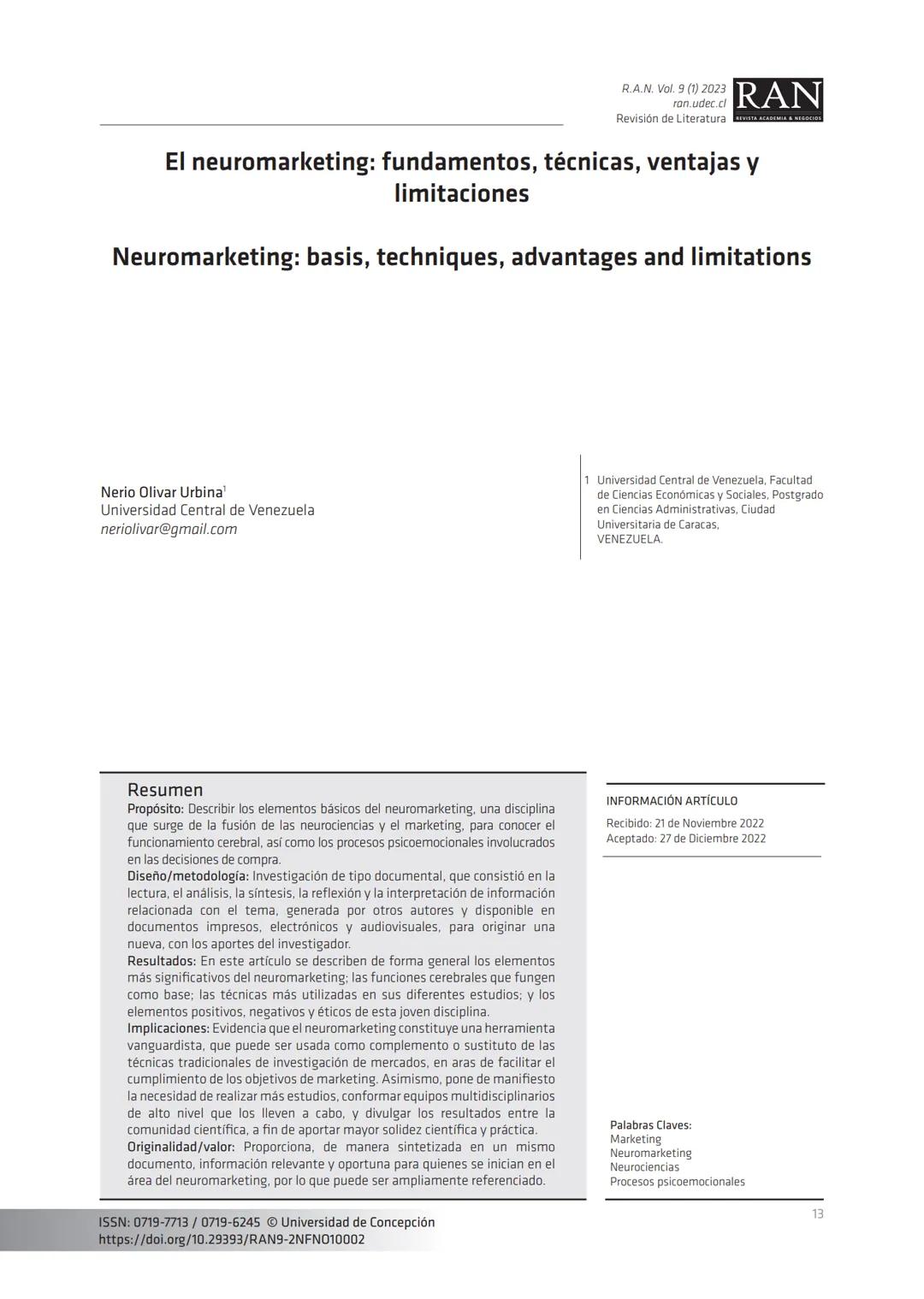R.A.N. Vol. 9 (1) 2023
ran.udec.cl
Revisión de Literatura
RAN
El neuromarketing: fundamentos, técnicas, ventajas y
limitaciones
Neuromarketi