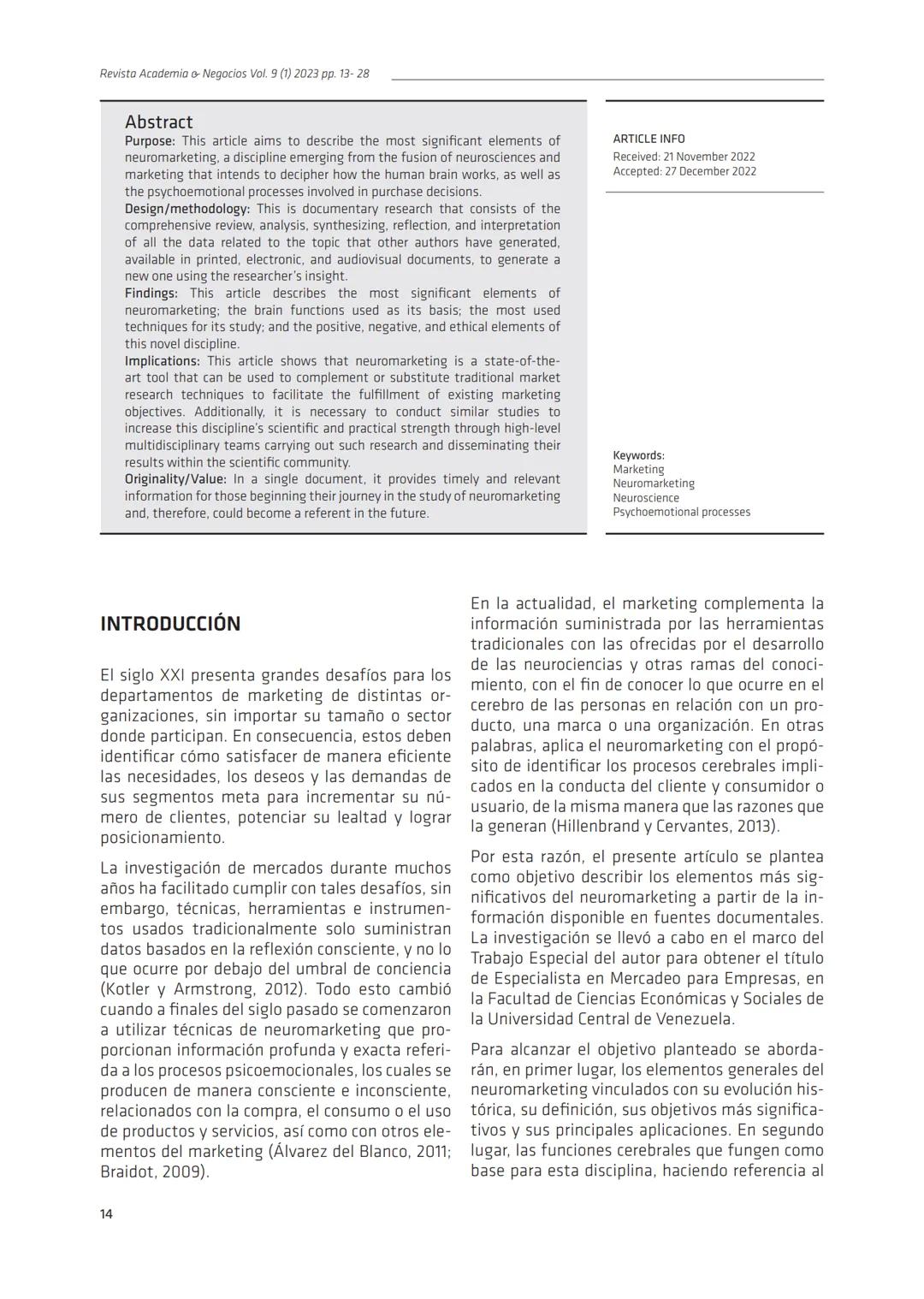 R.A.N. Vol. 9 (1) 2023
ran.udec.cl
Revisión de Literatura
RAN
El neuromarketing: fundamentos, técnicas, ventajas y
limitaciones
Neuromarketi
