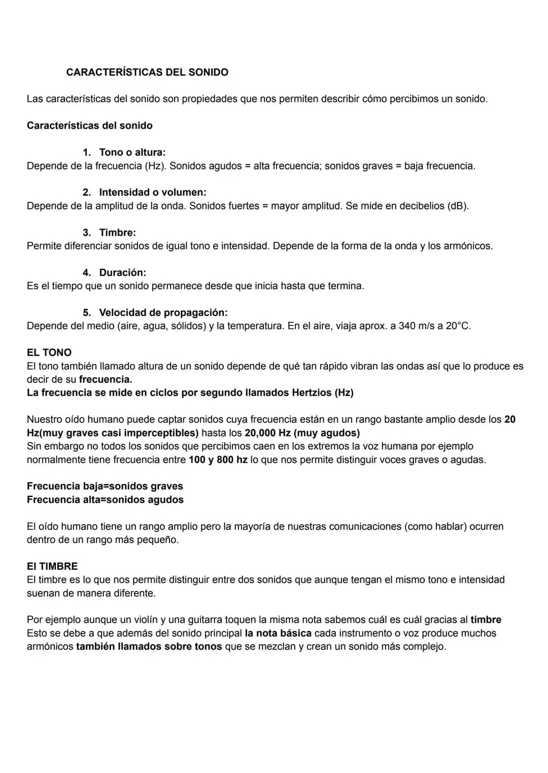 --- OCR Start ---
CARACTERÍSTICAS DEL SONIDO
Las características del sonido son propiedades que nos permiten describir cómo percibimos un so
