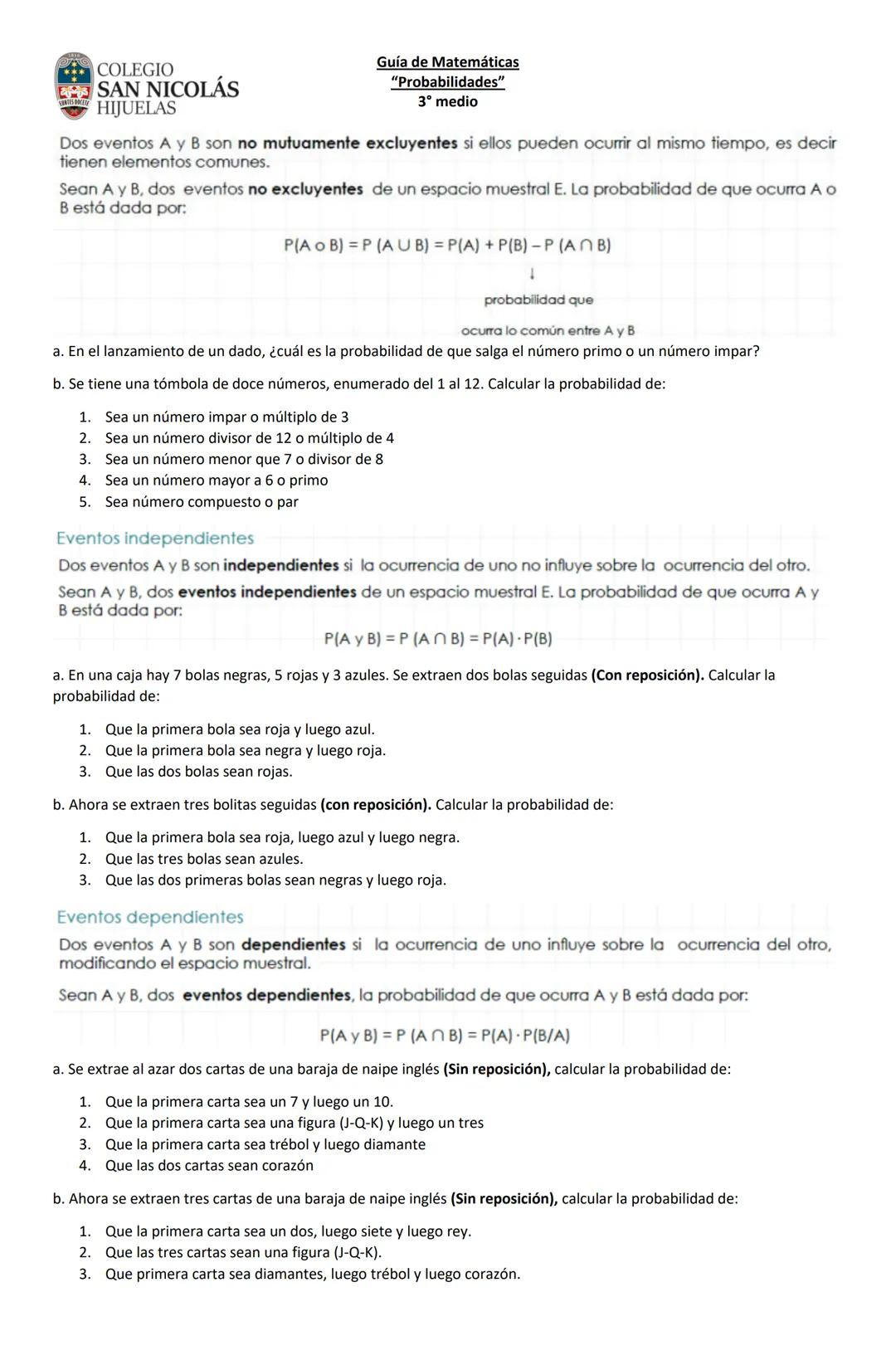 # Guía de Matemáticas
"Probabilidades"
3° medio
Nombre:____________________ Curso:______ Fecha:______ Nota:______
Puntaje Ideal: 46 Punt