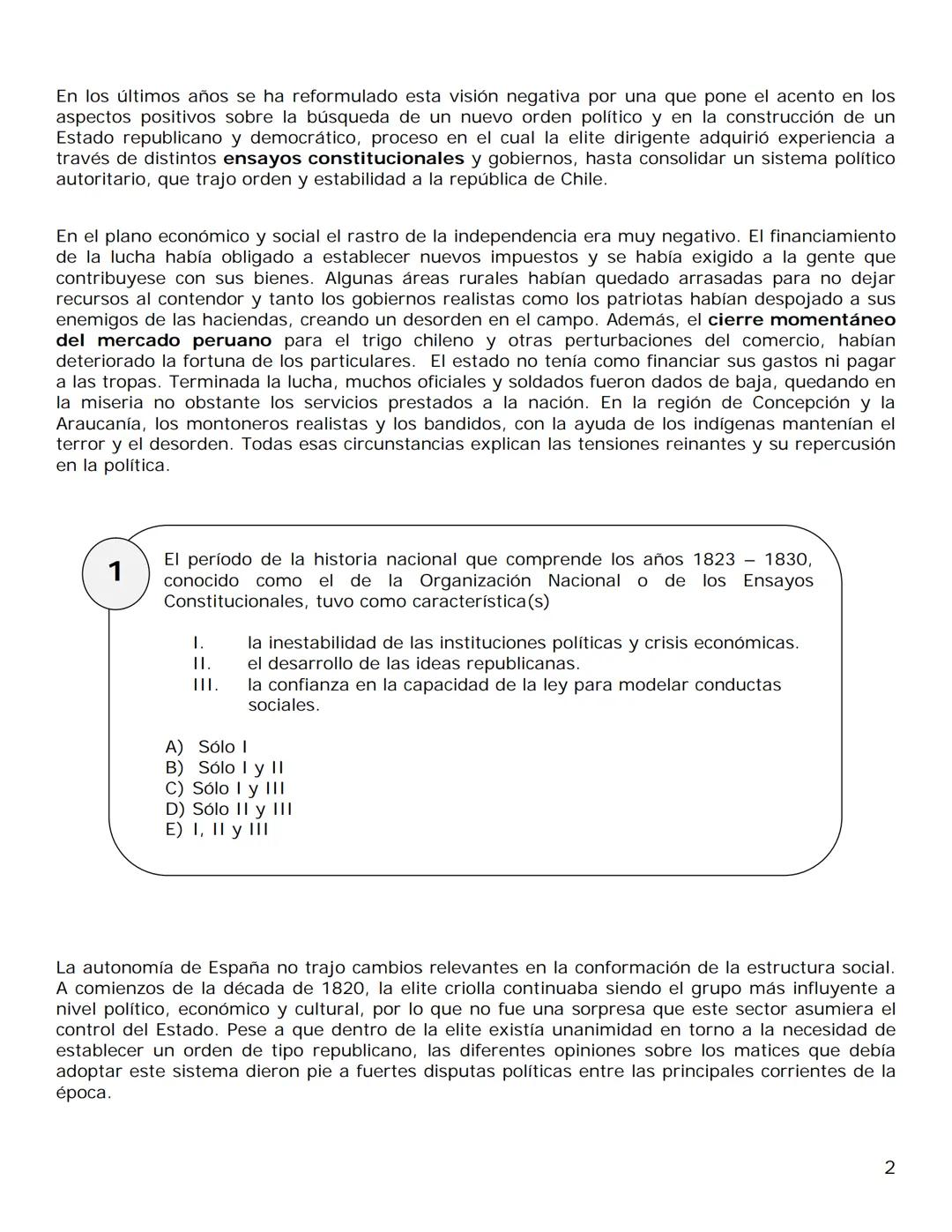 111. Chile y América en perspectiva histórica
Guía de Materia N°8
Los Ensayos de Organización
La etapa iniciada con la caída de OHiggins (18