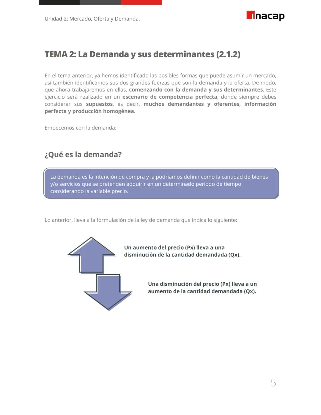 Unidad 2: Mercado, Oferta y Demanda.
Inacap
TEMA 2: La Demanda y sus determinantes (2.1.2)
En el tema anterior, ya hemos identificado las po