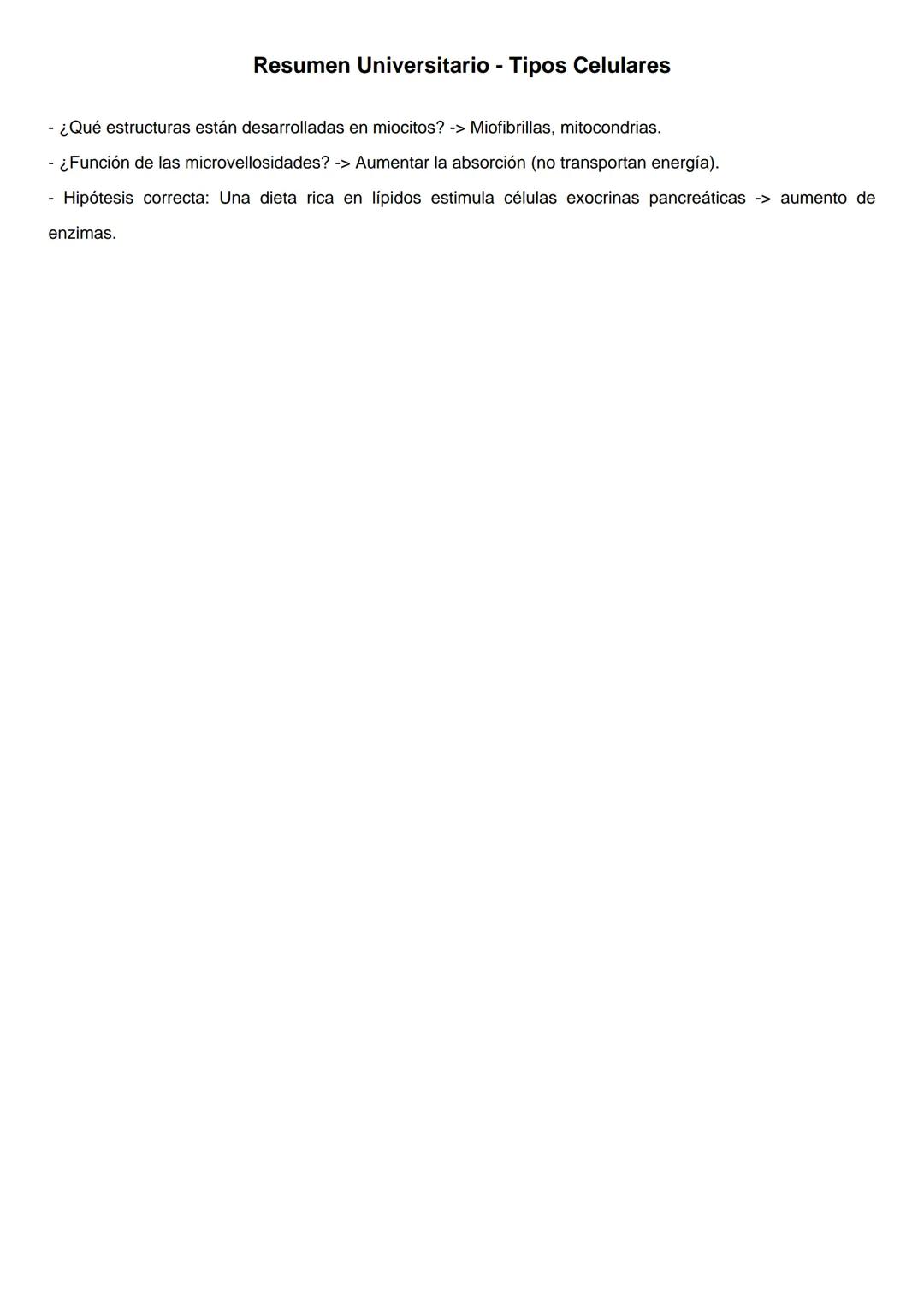 Resumen Universitario - Tipos Celulares
1. Enterocitos (Células intestinales)
- Células epiteliales polarizadas con microvellosidades en el