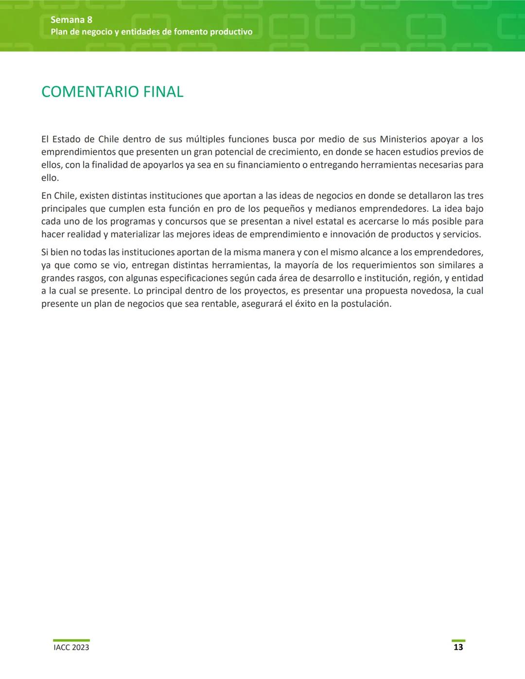 EMPRENDIMIENTO Y PYME
Semana 8
Plan de negocio y entidades de fomento productivo
iacc instituto
profesional Semana 8
Plan de negocio y ent