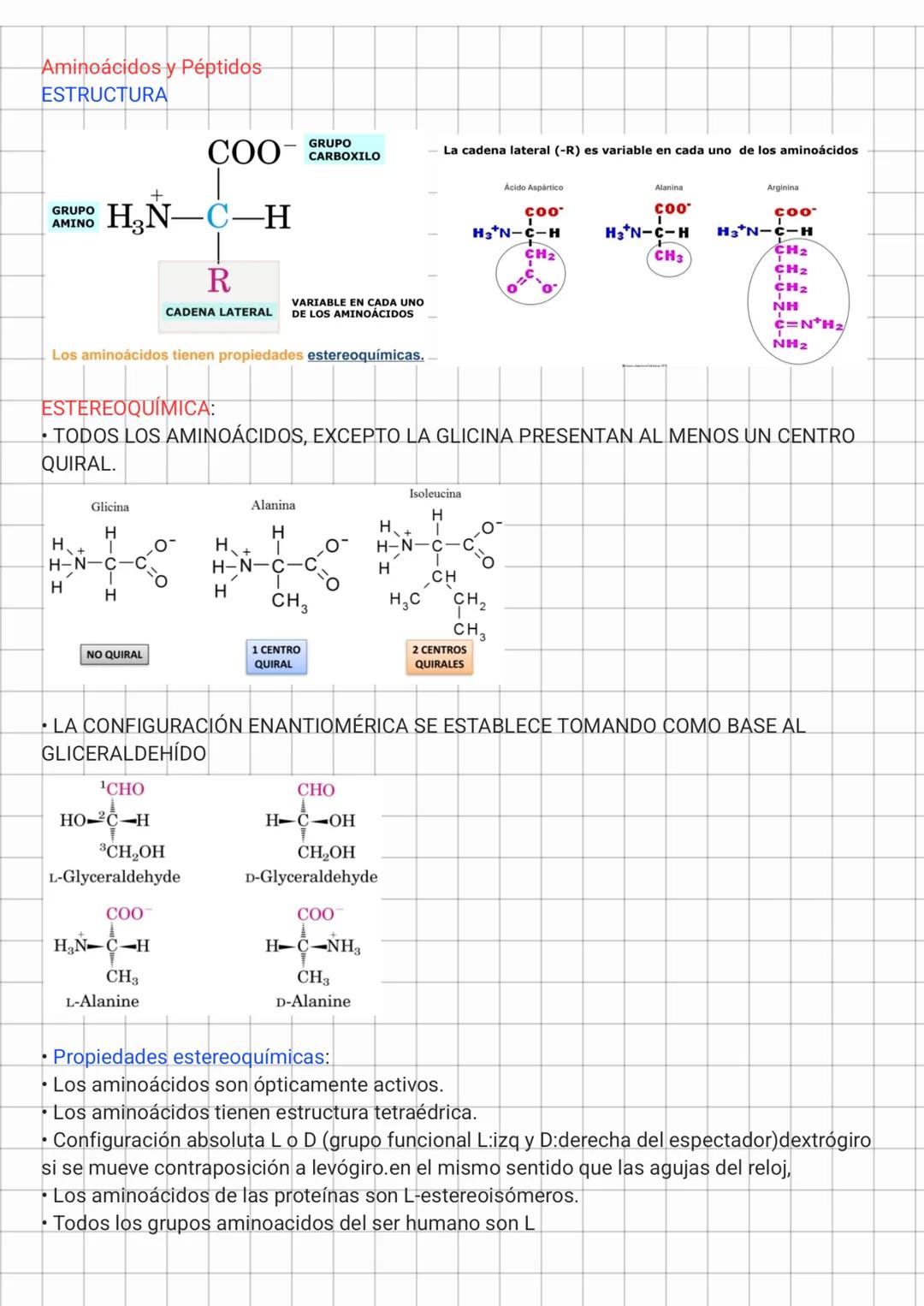 Aminoácidos y Péptidos
ESTRUCTURA
COO
GRUPO
H_{3}N^{+}-C-H
GRUPO
CARBOXILO
R
CADENA LATERAL
VARIABLE EN CADA UNO
DE LOS AMINOÁCIDOS
La caden