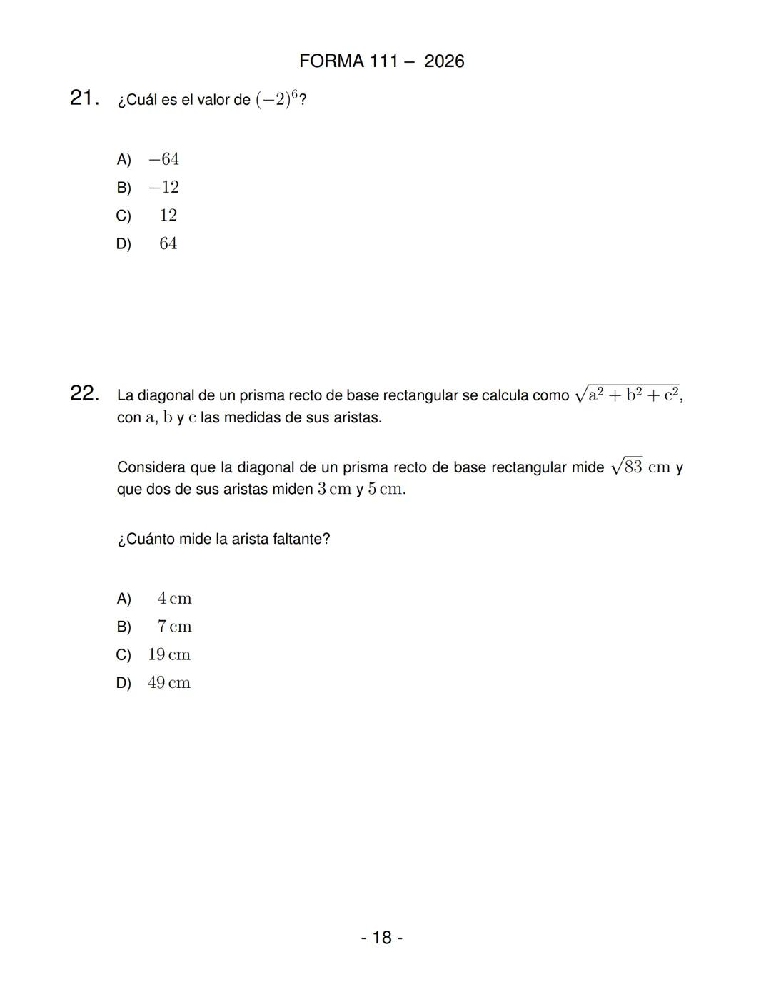FORMA 111
Prueba de Acceso a la Educación Superior (PAES)
COMPETENCIA
MATEMÁTICA 1
Proceso de Admisión 2026 DEMRE
1. Esta prueba contiene 65