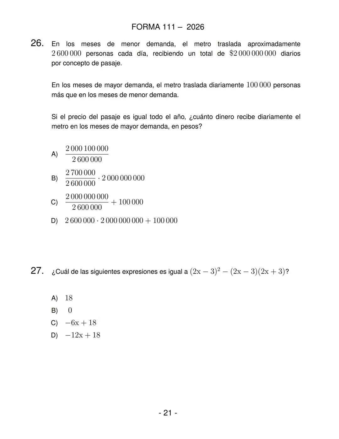 FORMA 111
Prueba de Acceso a la Educación Superior (PAES)
COMPETENCIA
MATEMÁTICA 1
Proceso de Admisión 2026 DEMRE
1. Esta prueba contiene 65