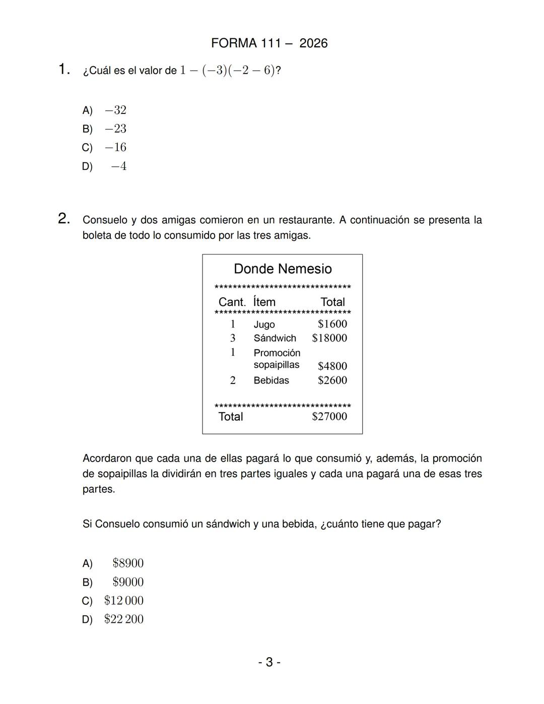FORMA 111
Prueba de Acceso a la Educación Superior (PAES)
COMPETENCIA
MATEMÁTICA 1
Proceso de Admisión 2026 DEMRE
1. Esta prueba contiene 65