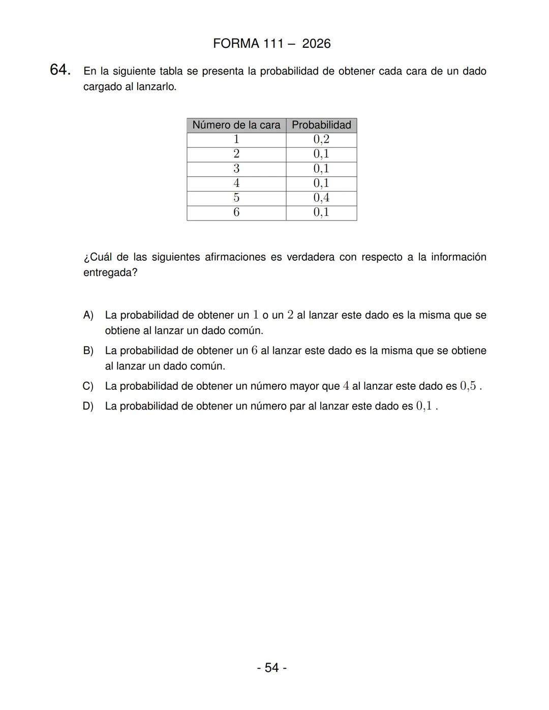 FORMA 111
Prueba de Acceso a la Educación Superior (PAES)
COMPETENCIA
MATEMÁTICA 1
Proceso de Admisión 2026 DEMRE
1. Esta prueba contiene 65