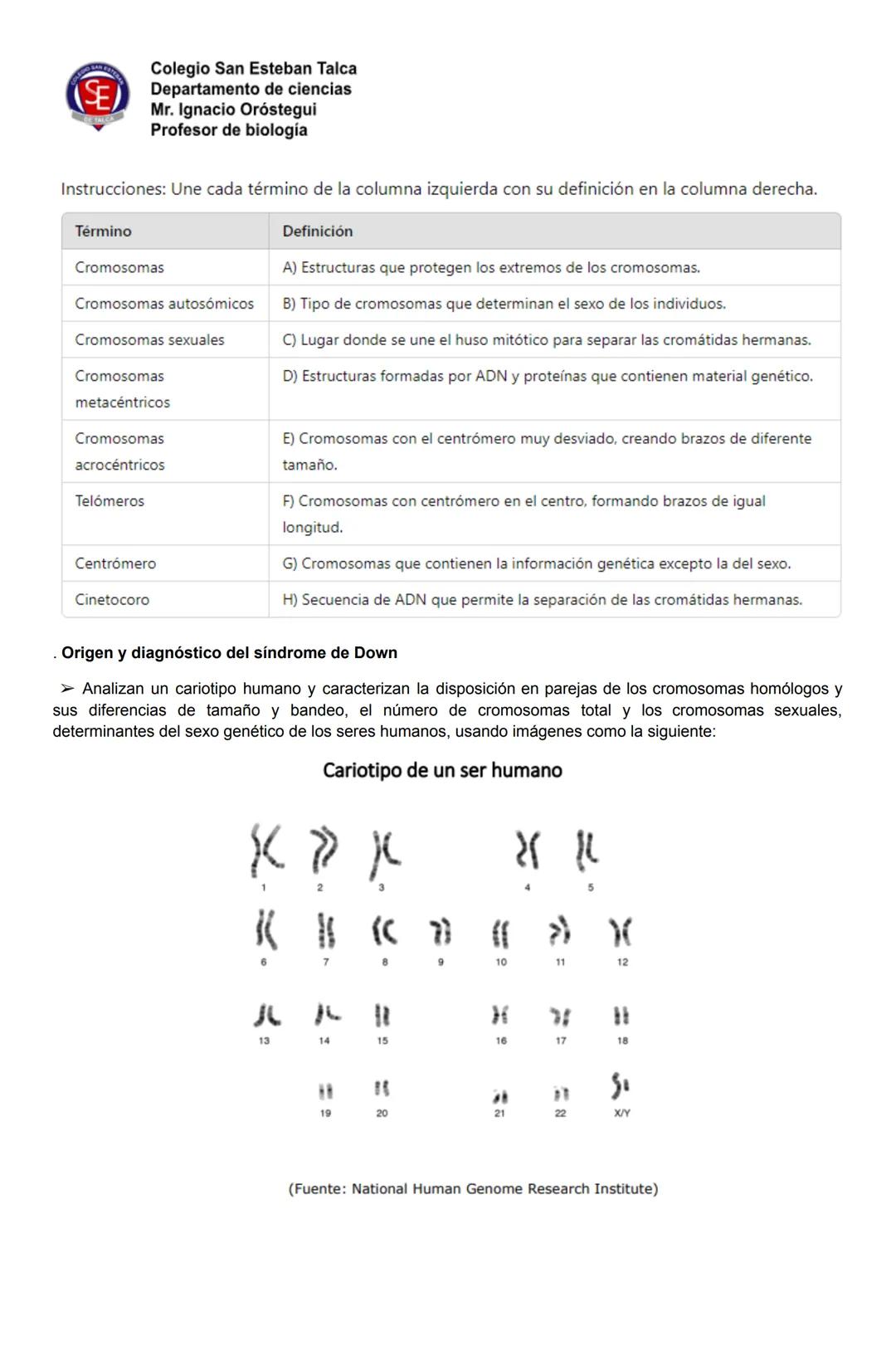 # SE
Colegio San Esteban Talca
Departamento de ciencias
Mr. Ignacio Oróstegui
Profesor de biología
Guide 2 unidad 3:
Anomalías cromosómicas