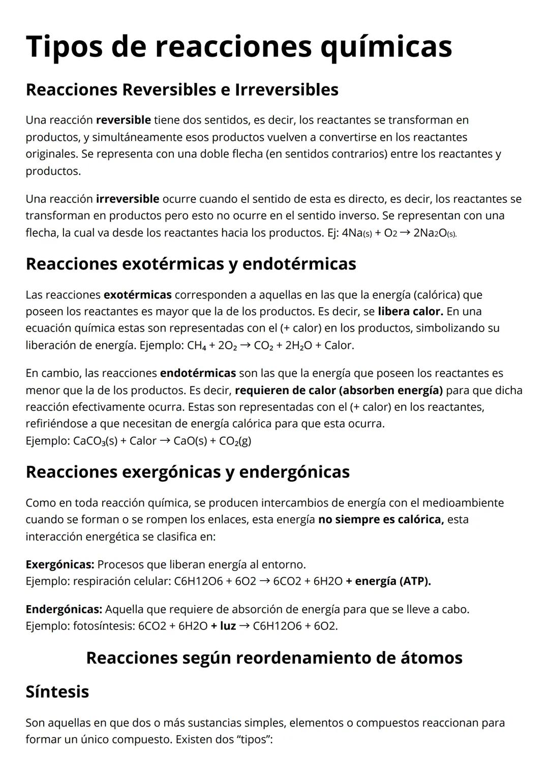 Tipos de reacciones químicas
Reacciones Reversibles e Irreversibles
Una reacción reversible tiene dos sentidos, es decir, los reactantes se