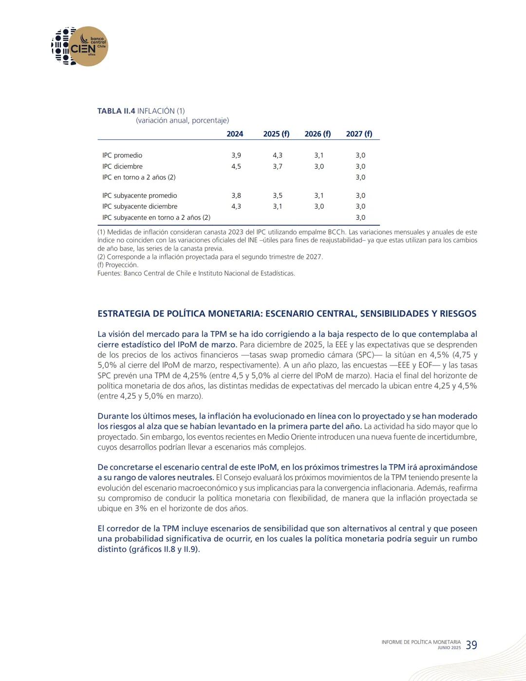 banco
central
III 10 CIEN Chile
años
INFORME DE POLÍTICA
MONETARIA
JUNIO 2025
50.000
BANCO CENTRAL DE CHOLE
50.000
ENTRAL DE
00
SANTIAGO
BAN