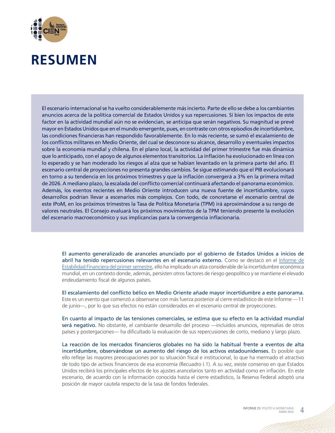 banco
central
III 10 CIEN Chile
años
INFORME DE POLÍTICA
MONETARIA
JUNIO 2025
50.000
BANCO CENTRAL DE CHOLE
50.000
ENTRAL DE
00
SANTIAGO
BAN