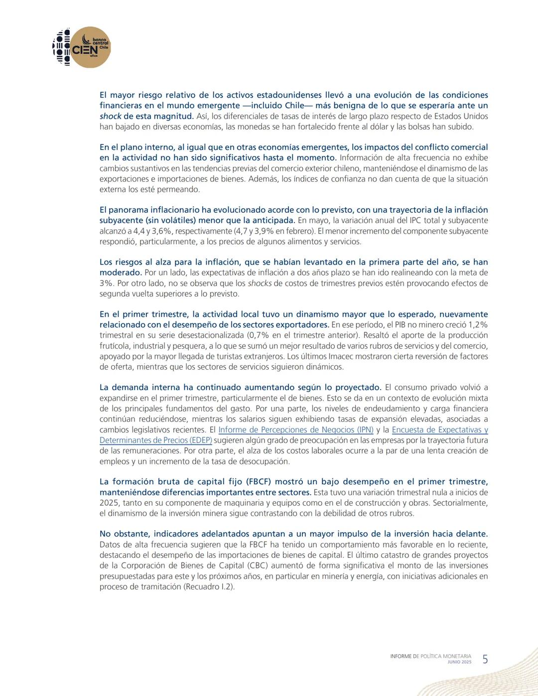 banco
central
III 10 CIEN Chile
años
INFORME DE POLÍTICA
MONETARIA
JUNIO 2025
50.000
BANCO CENTRAL DE CHOLE
50.000
ENTRAL DE
00
SANTIAGO
BAN