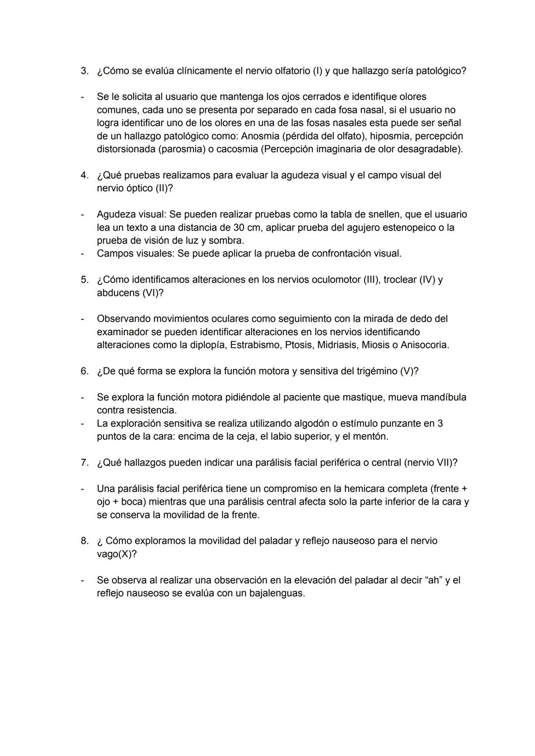 Pares craneales:
1. ¿Cuáles son los 12 pares craneales y su función principal?
- Nervio olfatorio (I): Percibir olores
- Nervio optico (II):