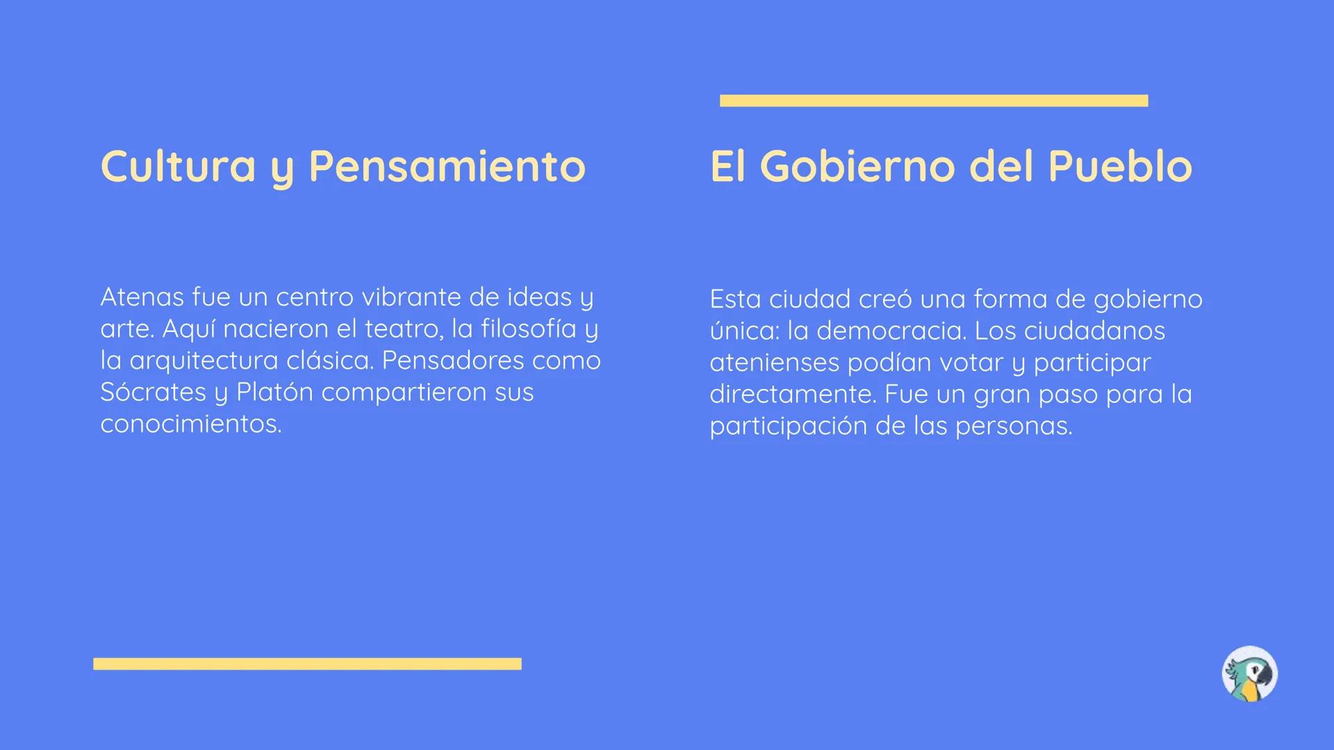 Cultura y
democracia
ateniense
OA 06 y 08
+ Reconocer manifestaciones
culturales de los antiguos griegos.
+ Reconocer los límites y el
decli
