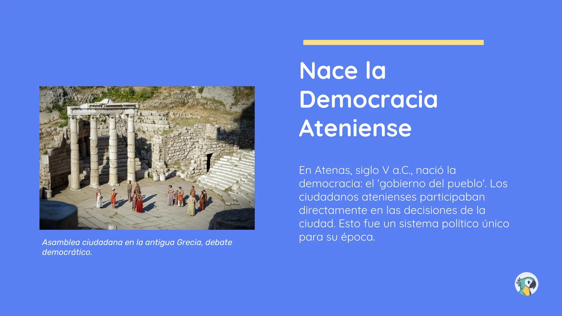 Cultura y
democracia
ateniense
OA 06 y 08
+ Reconocer manifestaciones
culturales de los antiguos griegos.
+ Reconocer los límites y el
decli