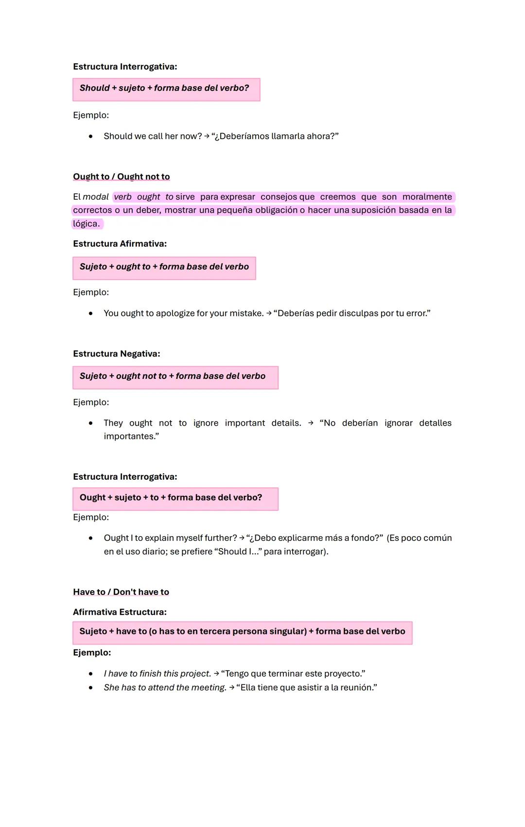 Modal verbs
Must/Mustn't:
El verbo modal must se utiliza para hablar de acciones en el presente o en el futuro.
Estructura Afirmativa:
Suj