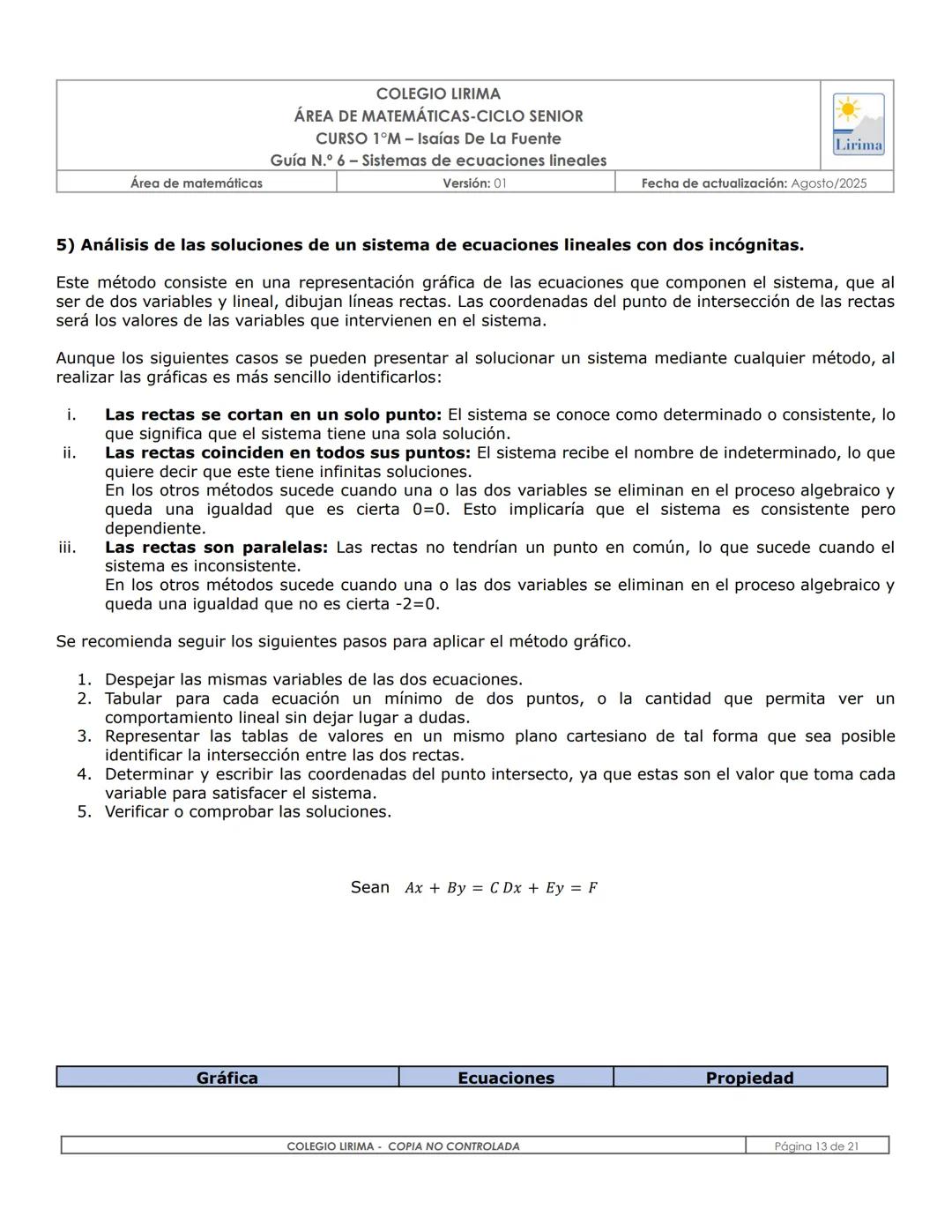 # COLEGIO LIRIMA
ÁREA DE MATEMÁTICAS
# ÁREA DE MATEMÁTICAS-CICLO SENIOR
CURSO 1°M- Isaías De La Fuente
Guía N.º 6 – Sistemas de ecuaciones