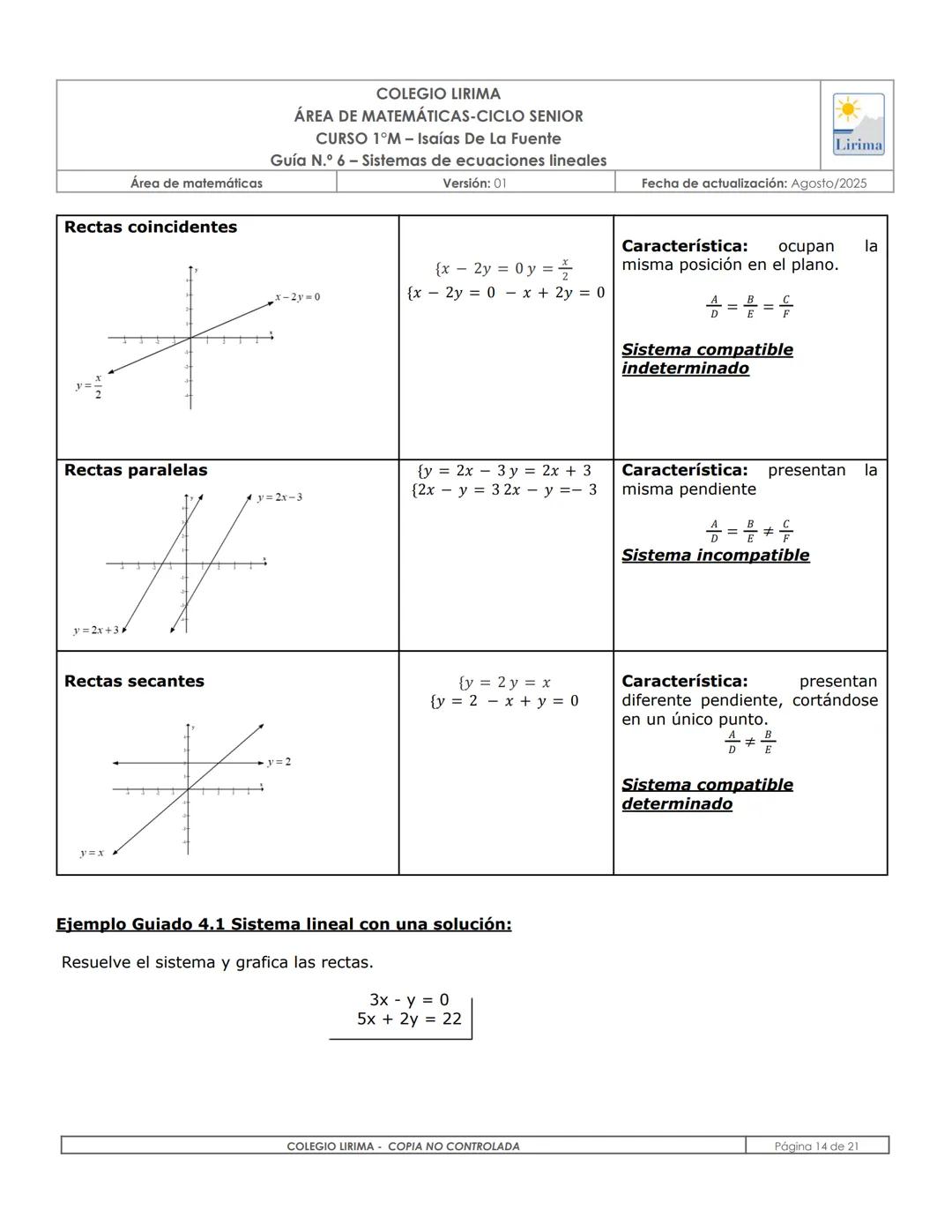 # COLEGIO LIRIMA
ÁREA DE MATEMÁTICAS
# ÁREA DE MATEMÁTICAS-CICLO SENIOR
CURSO 1°M- Isaías De La Fuente
Guía N.º 6 – Sistemas de ecuaciones