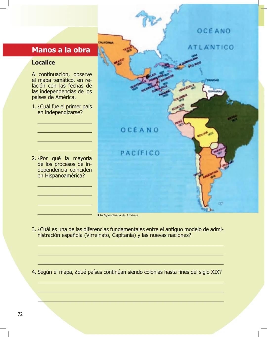 # La Independencia en América y en Chile
Aun cuando en este período en Hispanoamérica existían diferentes realidades,
las distintas colonia