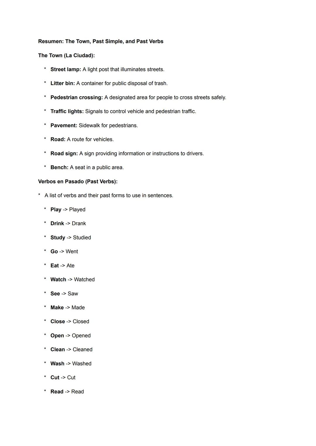 Resumen: The Town, Past Simple, and Past Verbs
The Town (La Ciudad):
* Street lamp: A light post that illuminates streets.
* Litter b