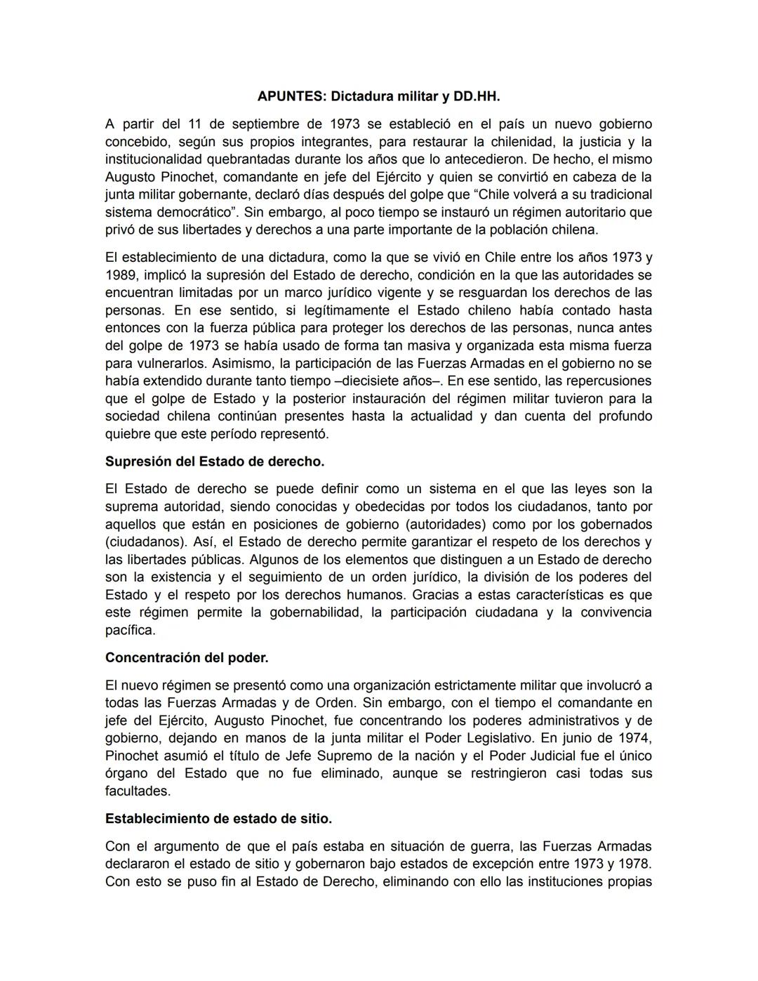 APUNTES: Dictadura militar y DD.HH.
A partir del 11 de septiembre de 1973 se estableció en el país un nuevo gobierno
concebido, según sus p
