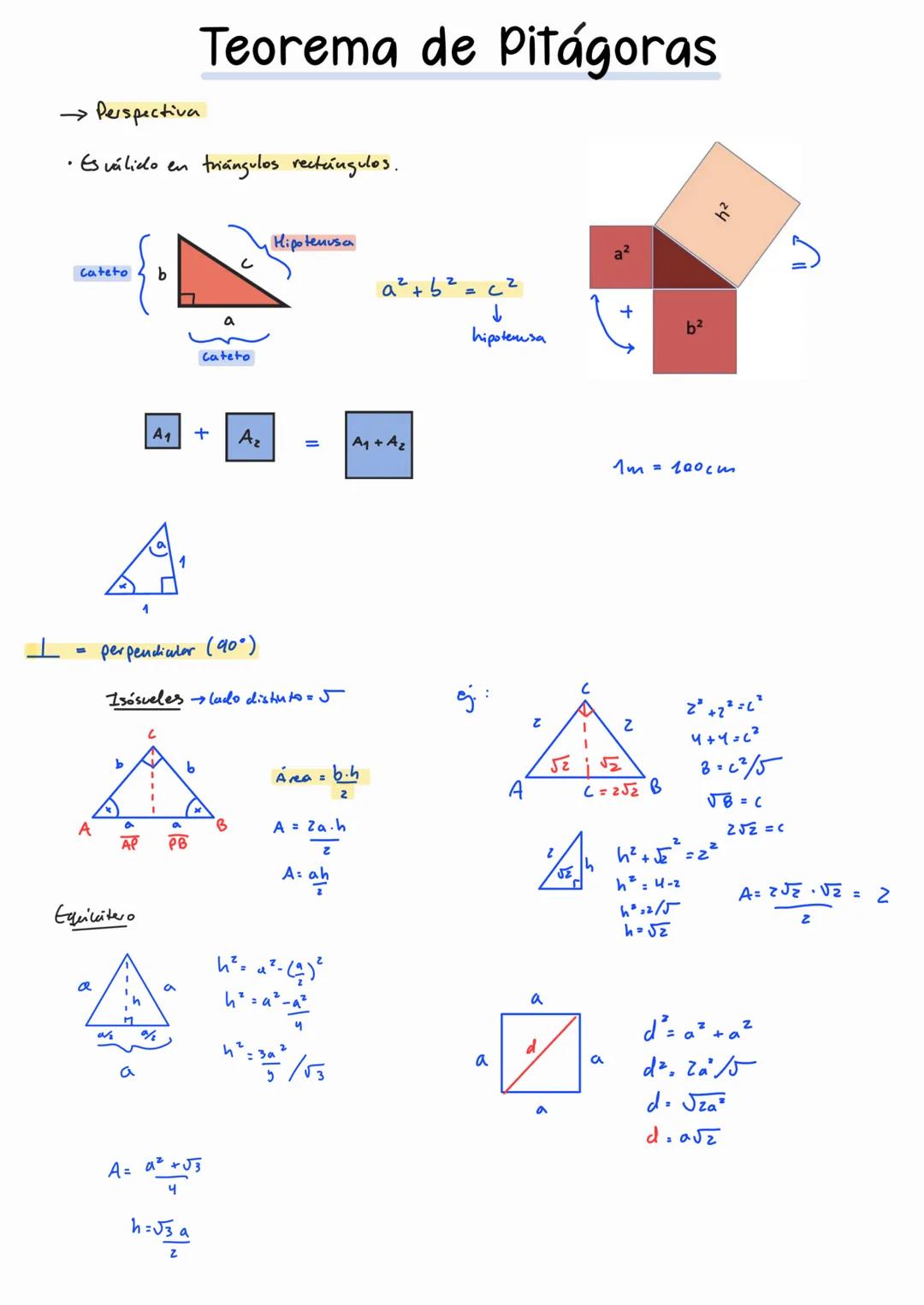 # Teorema de Pitágoras
→ Perspectiva
• Es válido en triángulos rectángulos.
Cateto
b
a
Cateto
Hipotenusa
$a² + b² = c²$
↓
hipotenu