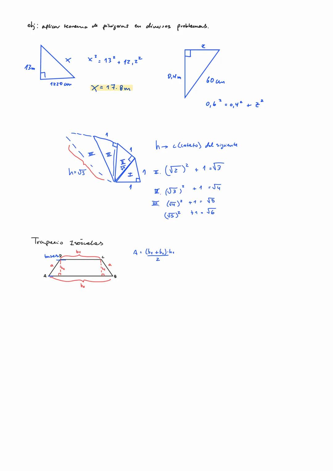 # Teorema de Pitágoras
→ Perspectiva
• Es válido en triángulos rectángulos.
Cateto
b
a
Cateto
Hipotenusa
$a² + b² = c²$
↓
hipotenu