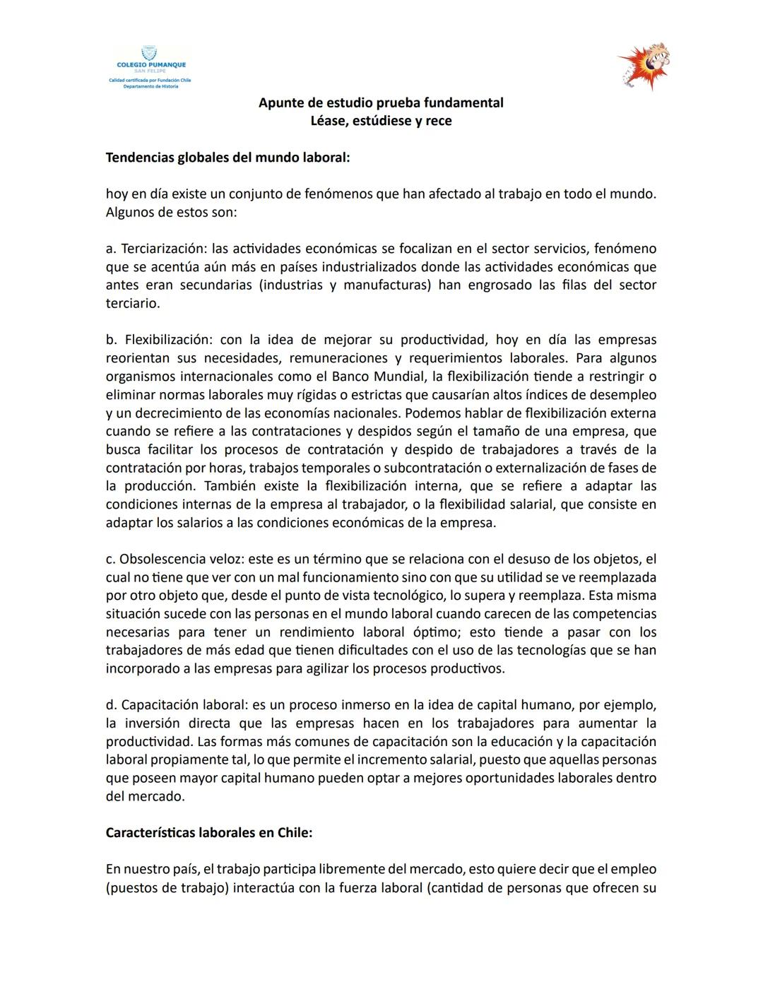# COLEGIO PUMANQUE
Apunte de estudio prueba fundamental
Léase, estúdiese y rece
Tendencias globales del mundo laboral:
hoy en día existe