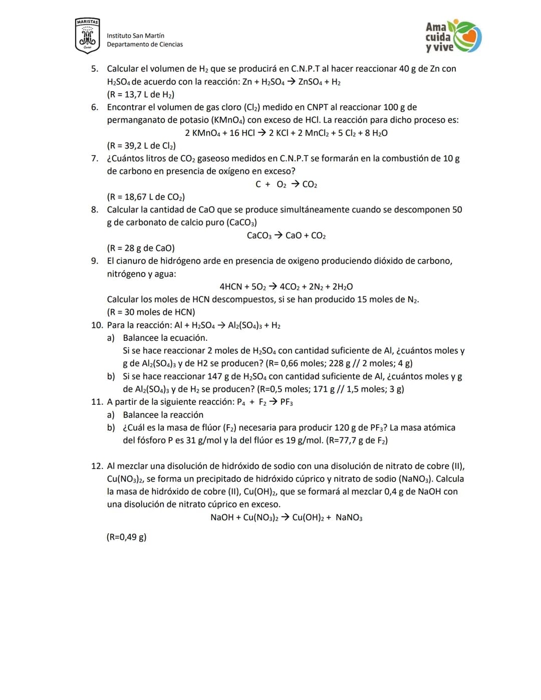 # MARIST
Instituto San Martín
Departamento de Ciencias
Profesora Claudia Ojeda Gómez
Actividad: Unidad de Estequiometría
Nombre:_________
