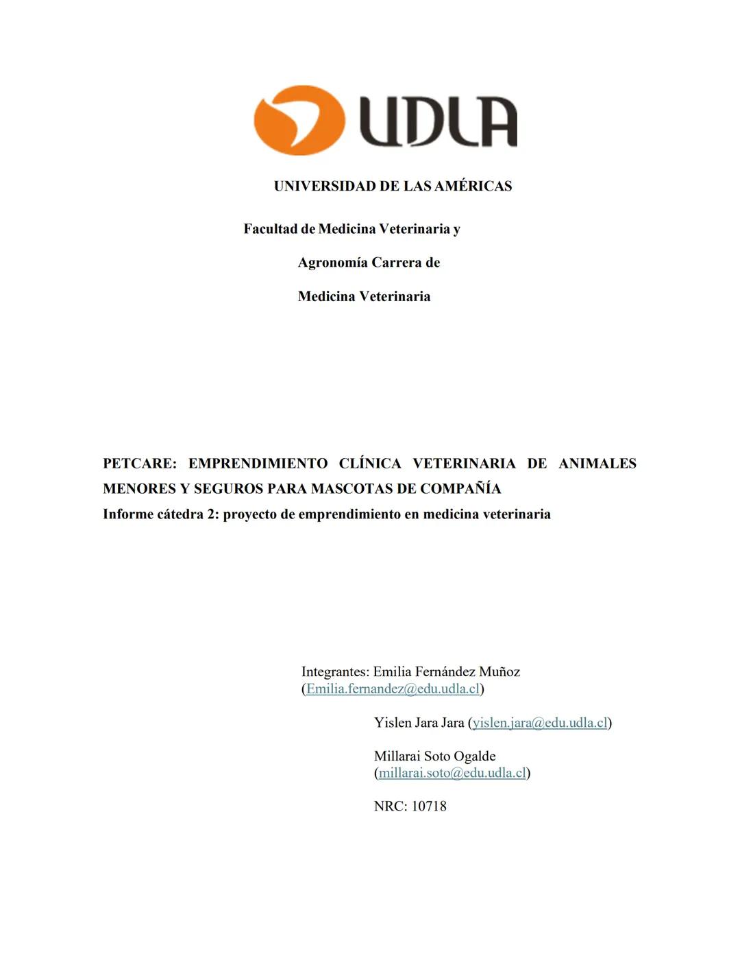 # UDLA
UNIVERSIDAD DE LAS AMÉRICAS
Facultad de Medicina Veterinaria y
Agronomía Carrera de
Medicina Veterinaria
PETCARE: EMPRENDIMIENTO