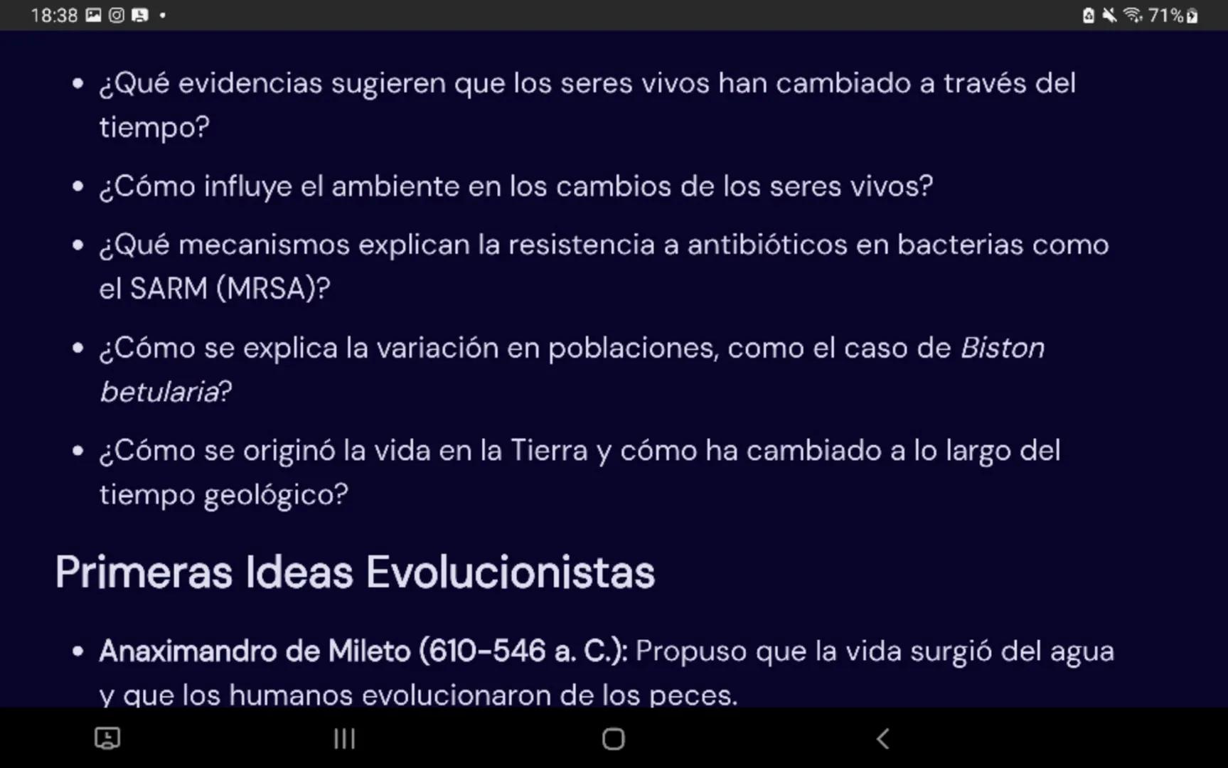 18:38
Evolución Biológica y Evidencias
Ideas Centrales
• La diversidad de la vida en la Tierra ha sido objeto de estudio a lo largo de la