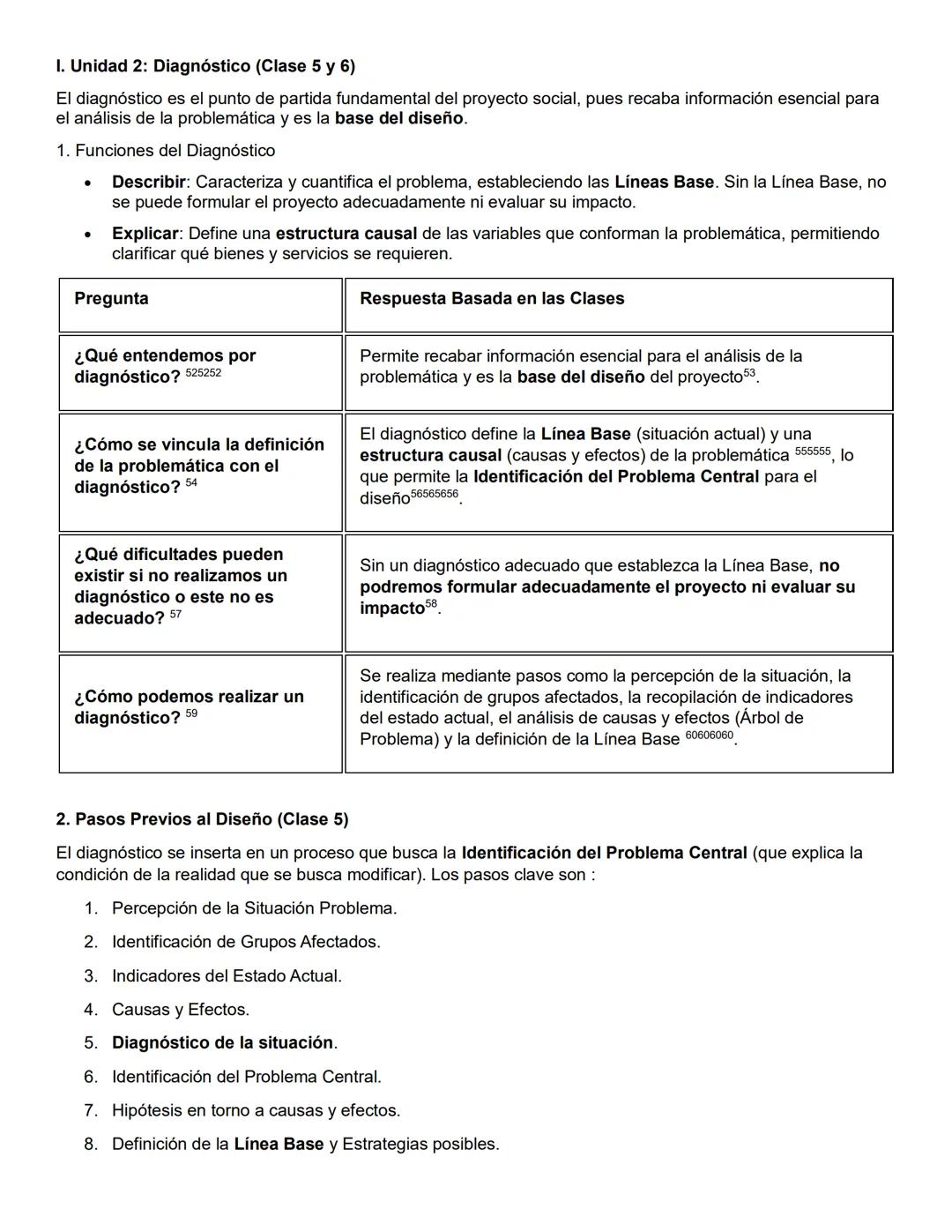 I. Unidad 2: Diagnóstico (Clase 5 y 6)
El diagnóstico es el punto de partida fundamental del proyecto social, pues recaba información esenc