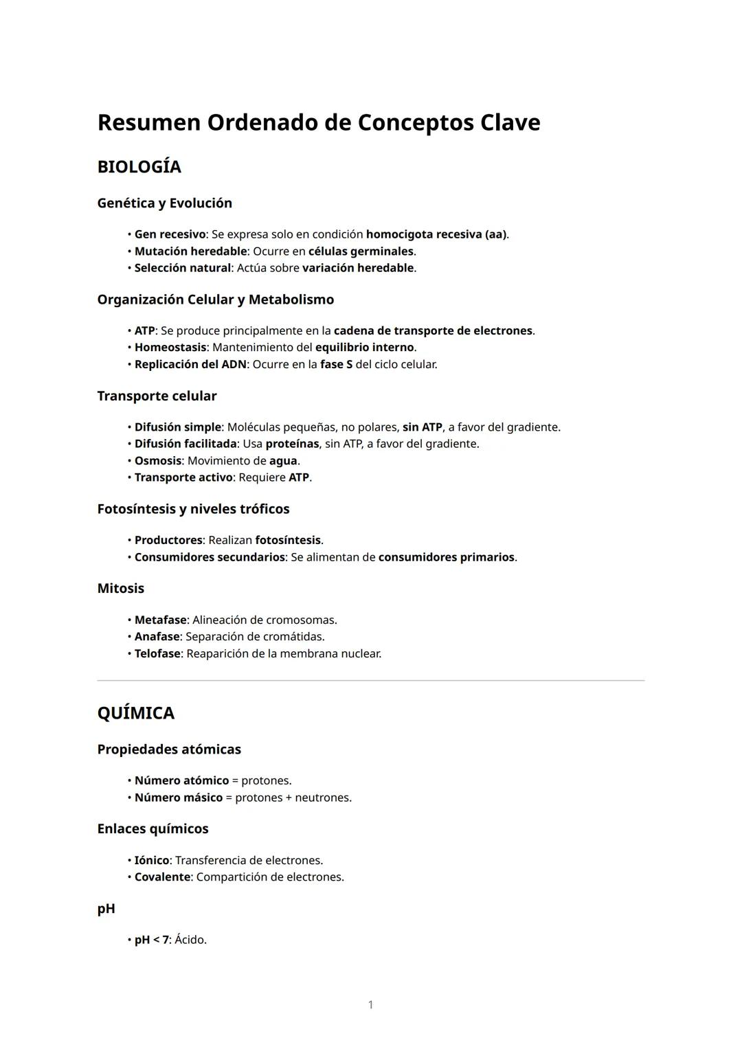# Resumen Ordenado de Conceptos Clave
BIOLOGÍA
Genética y Evolución
* Gen recesivo: Se expresa solo en condición homocigota recesiva (a