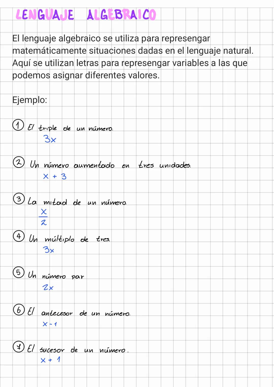 # LENGUAJE ALGEBRAICO
El lenguaje algebraico se utiliza para represengar
matemáticamente situaciones dadas en el lenguaje natural.
Aquí se