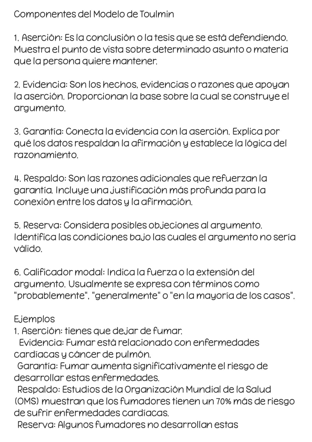 # Componentes del Modelo de Toulmin
1. Aserción: Es la conclusión o la tesis que se está defendiendo. Muestra el punto de vista sobre determ