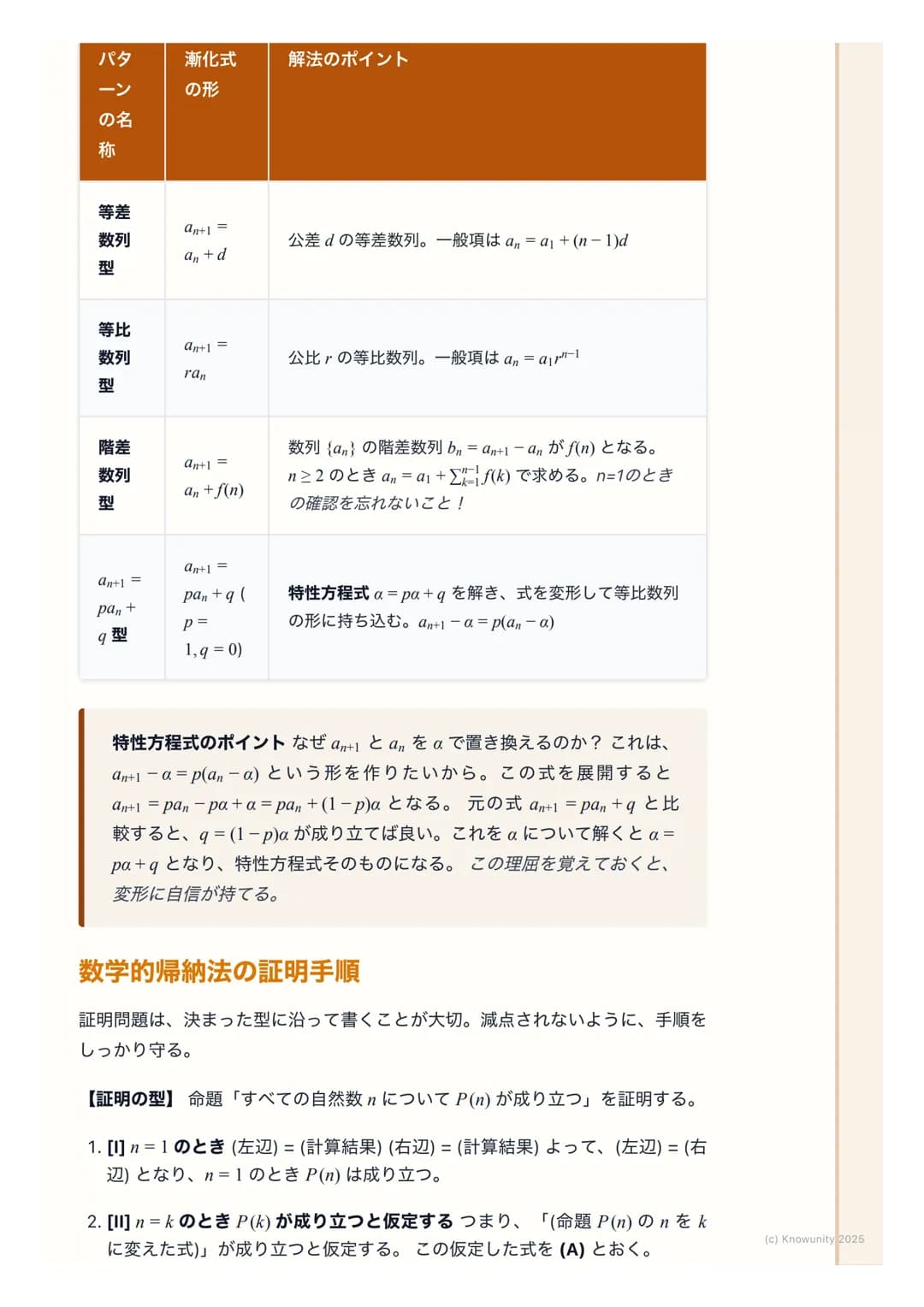 # 漸化式と数学的帰納法
## 漸化式と数学的帰納法の概要
数列の単元で一番応用力が試される分野。漸化式は隣り合う項の関係から一般項
を求める問題で、数学的帰納法は自然数nに関する命題を証明するための強力
な手法。この二つはセットで出題されることも多いから、しっかり理解してお