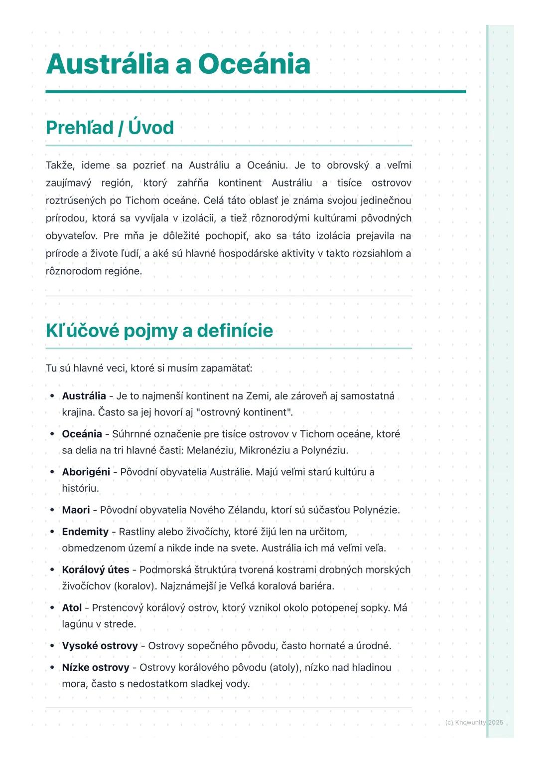 # Austrália a Oceánia
## Prehľad / Úvod
Takže, ideme sa pozrieť na Austráliu a Oceániu. Je to obrovský a veľmi
zaujímavý región, ktorý zah