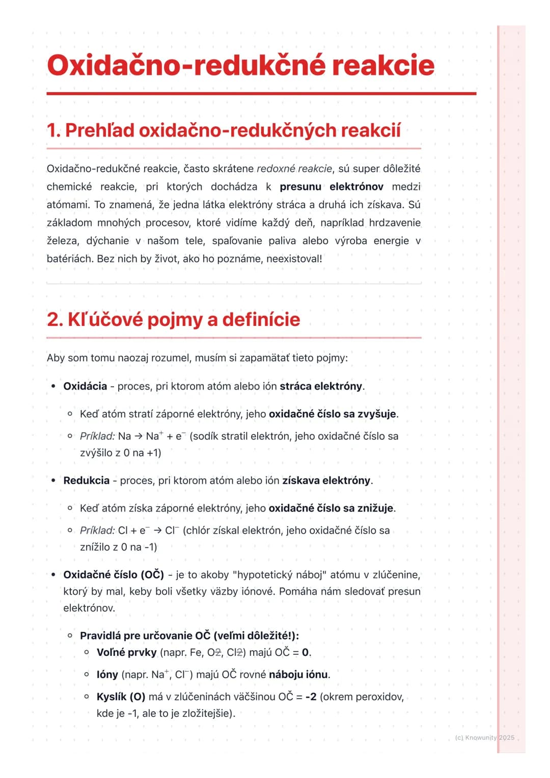 # Oxidačno-redukčné reakcie
## 1. Prehľad oxidačno-redukčných reakcií
Oxidačno-redukčné reakcie, často skrátene redoxné reakcie, sú super