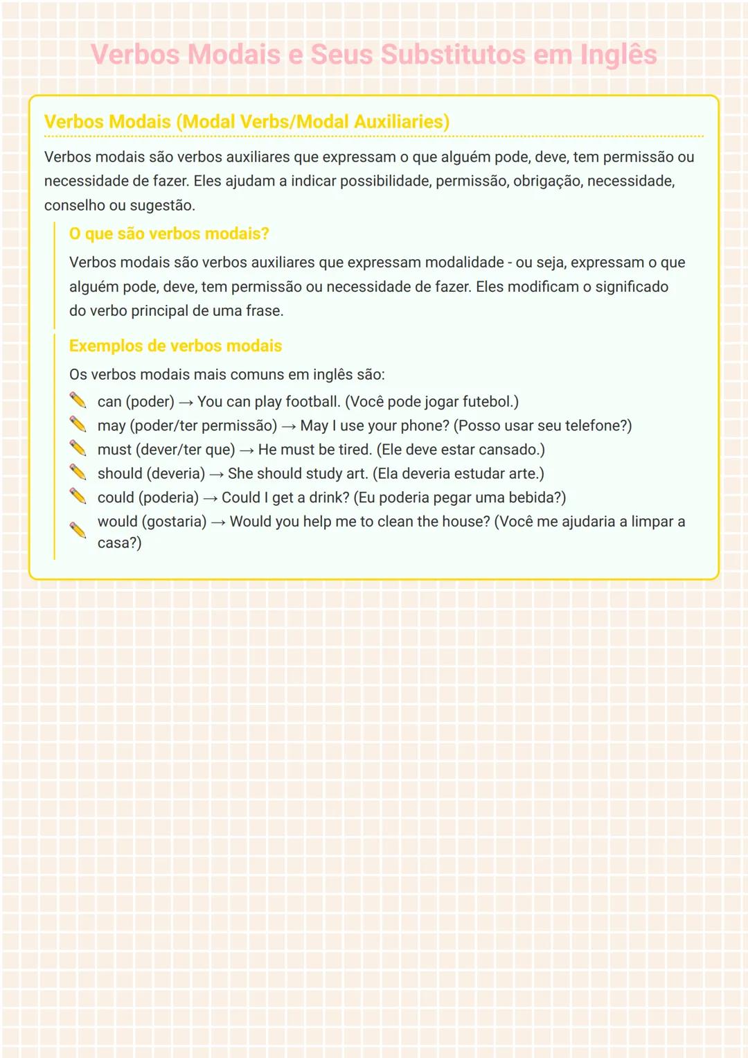 # Verbos Modais e Seus Substitutos em Inglês
Verbos Modais (Modal Verbs/Modal Auxiliaries)
Verbos modais são verbos auxiliares que express