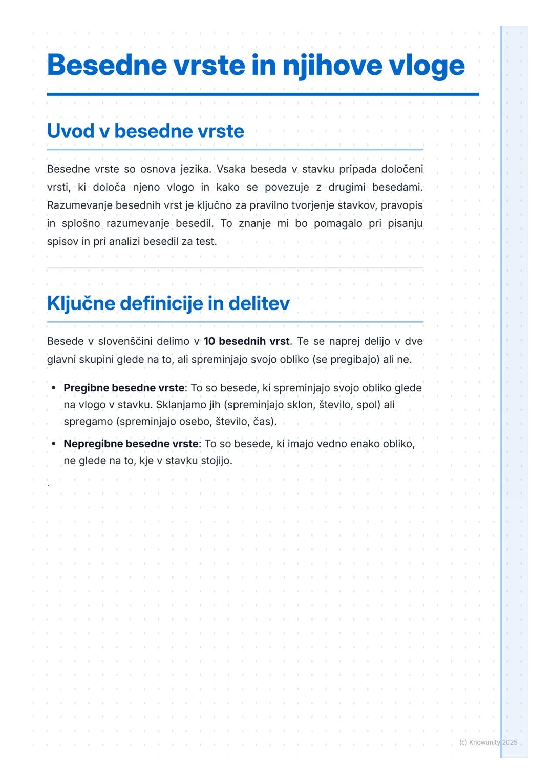 # Besedne vrste in njihove vloge
## Uvod v besedne vrste
Besedne vrste so osnova jezika. Vsaka beseda v stavku pripada določeni
vrsti, ki