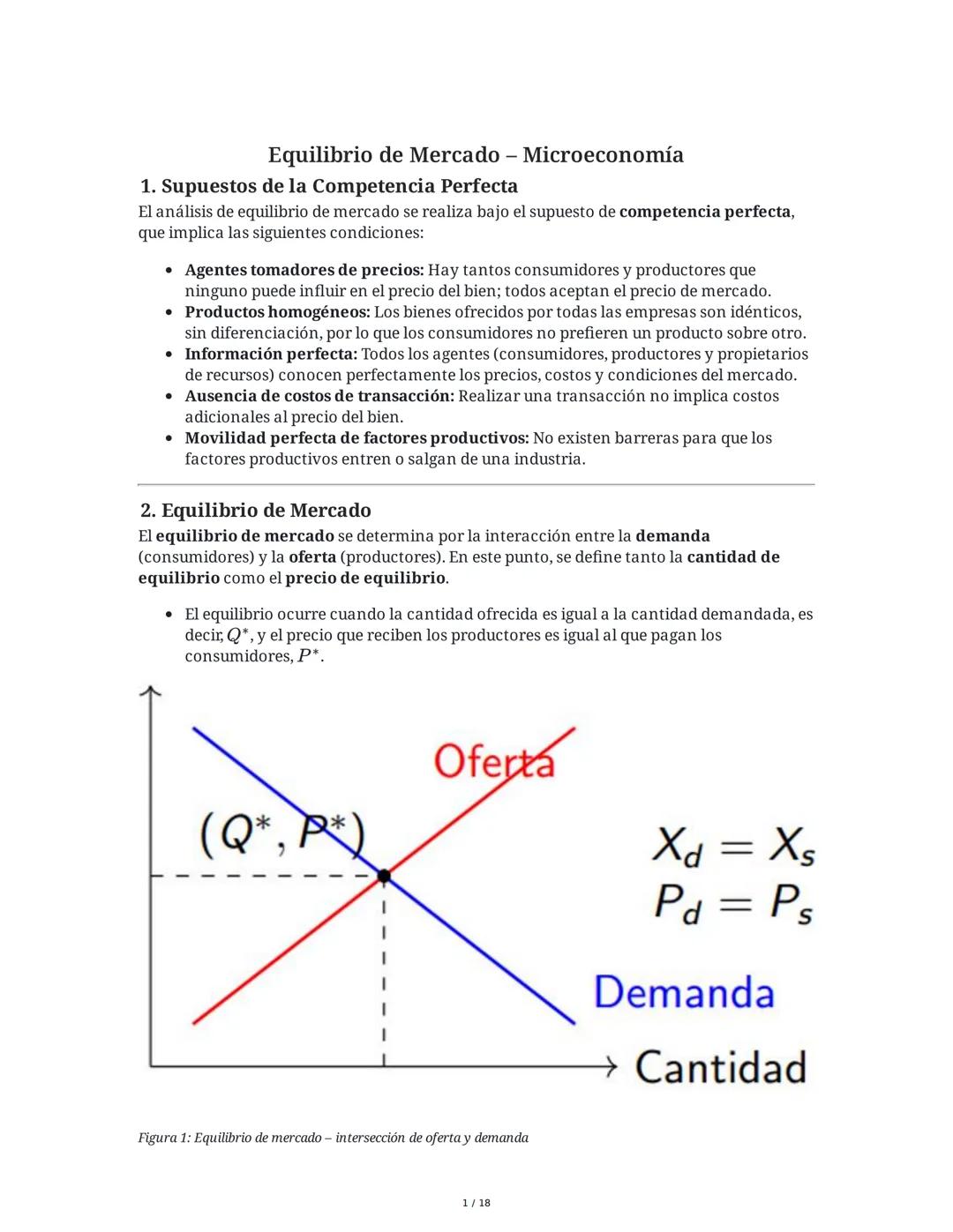 Equilibrio de Mercado - Microeconomía
1. Supuestos de la Competencia Perfecta
El análisis de equilibrio de mercado se realiza bajo el supues