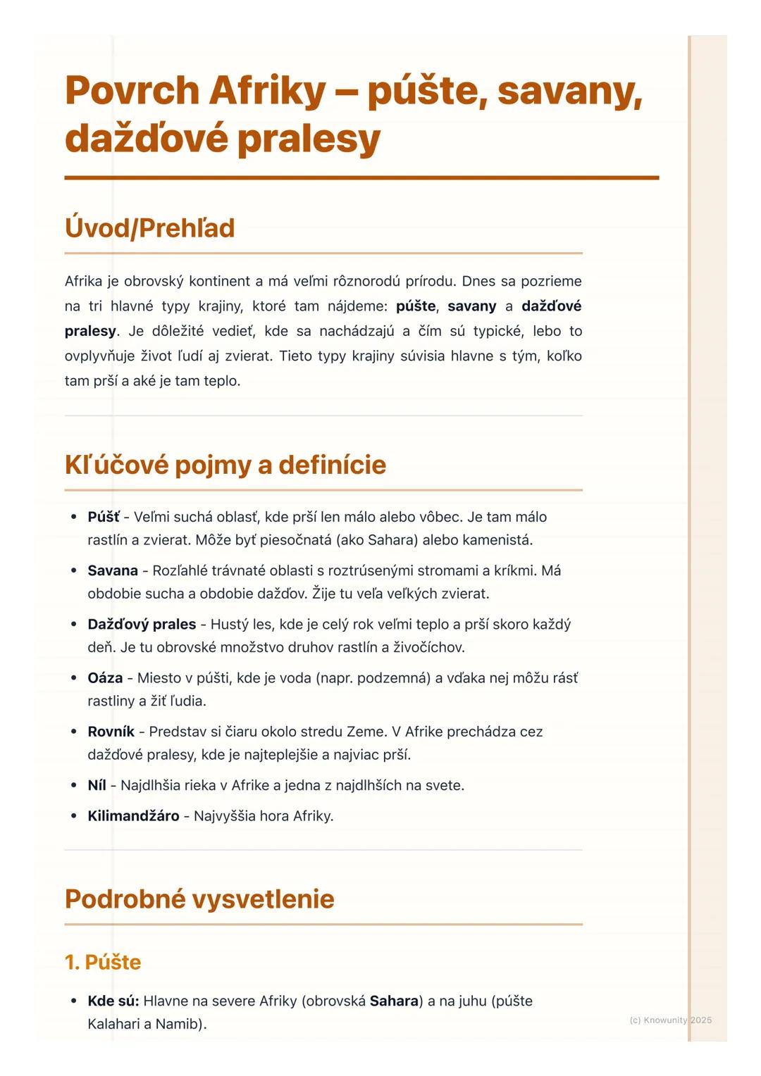 # Povrch Afriky – púšte, savany,
dažďové pralesy
Úvod/Prehľad
Afrika je obrovský kontinent a má veľmi rôznorodú prírodu. Dnes sa pozrieme