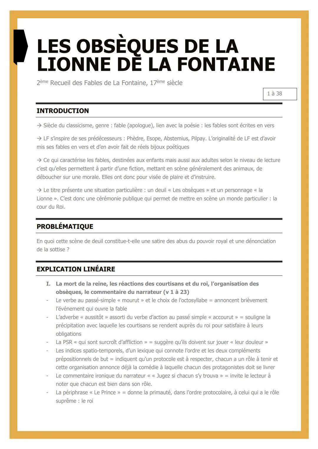 # LES OBSÈQUES DE LA
# LIONNE DE LA FONTAINE
2ème Recueil des Fables de La Fontaine, 17ème siècle
1 à 38
INTRODUCTION
→ Siècle du classici