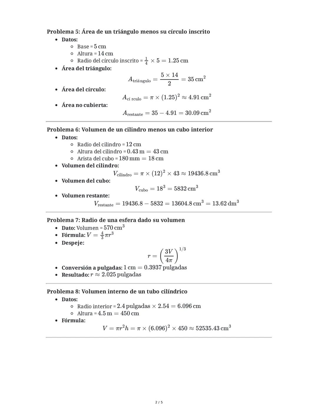 # Resumen de Problemas y Fórmulas de Geometría y Temperatura
1. Conversión de Unidades y Cálculo de Áreas y Volúmenes
**Problema 1: Área d