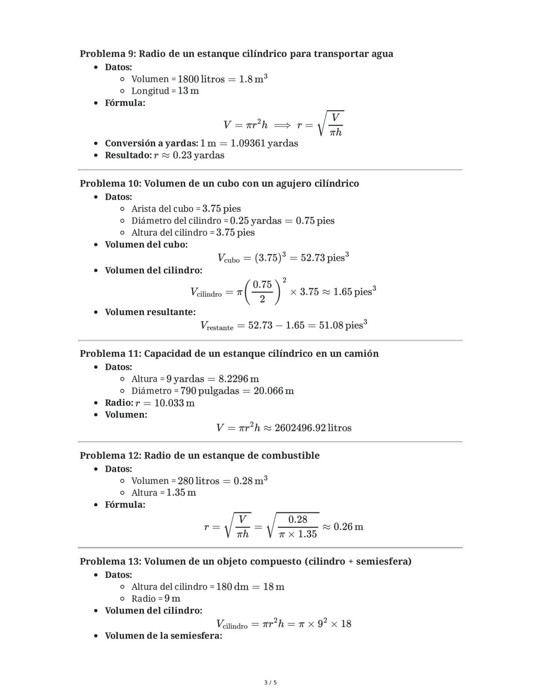 # Resumen de Problemas y Fórmulas de Geometría y Temperatura
1. Conversión de Unidades y Cálculo de Áreas y Volúmenes
**Problema 1: Área d