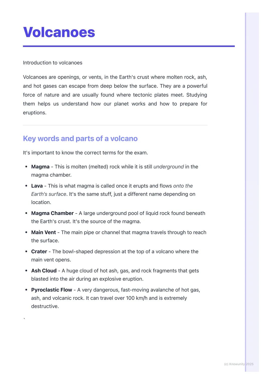 # Volcanoes
Introduction to volcanoes
Volcanoes are openings, or vents, in the Earth's crust where molten rock, ash,
and hot gases can esc