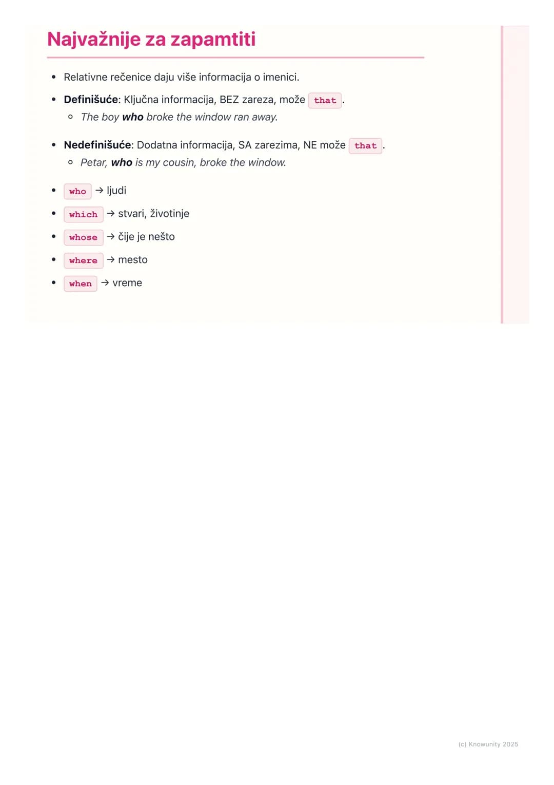 # Relativne rečenice (Relative
Clauses)
Šta su relativne rečenice?
Relativne rečenice su zavisne rečenice koje nam daju više informacija o