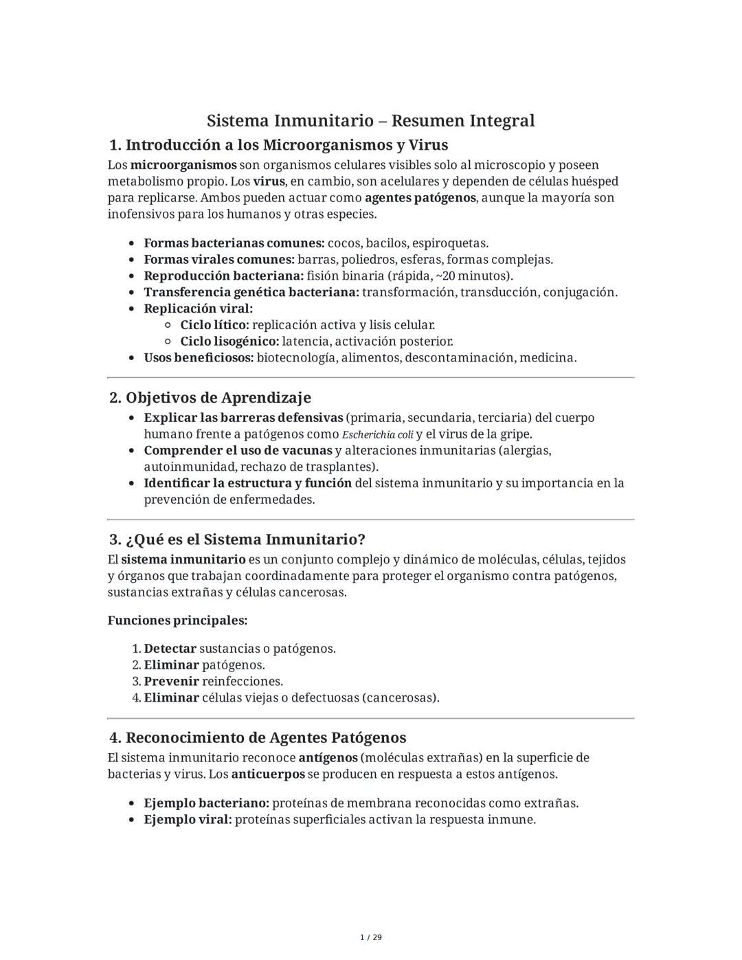 Sistema Inmunitario - Resumen Integral
1. Introducción a los Microorganismos y Virus
Los microorganismos son organismos celulares visibles s